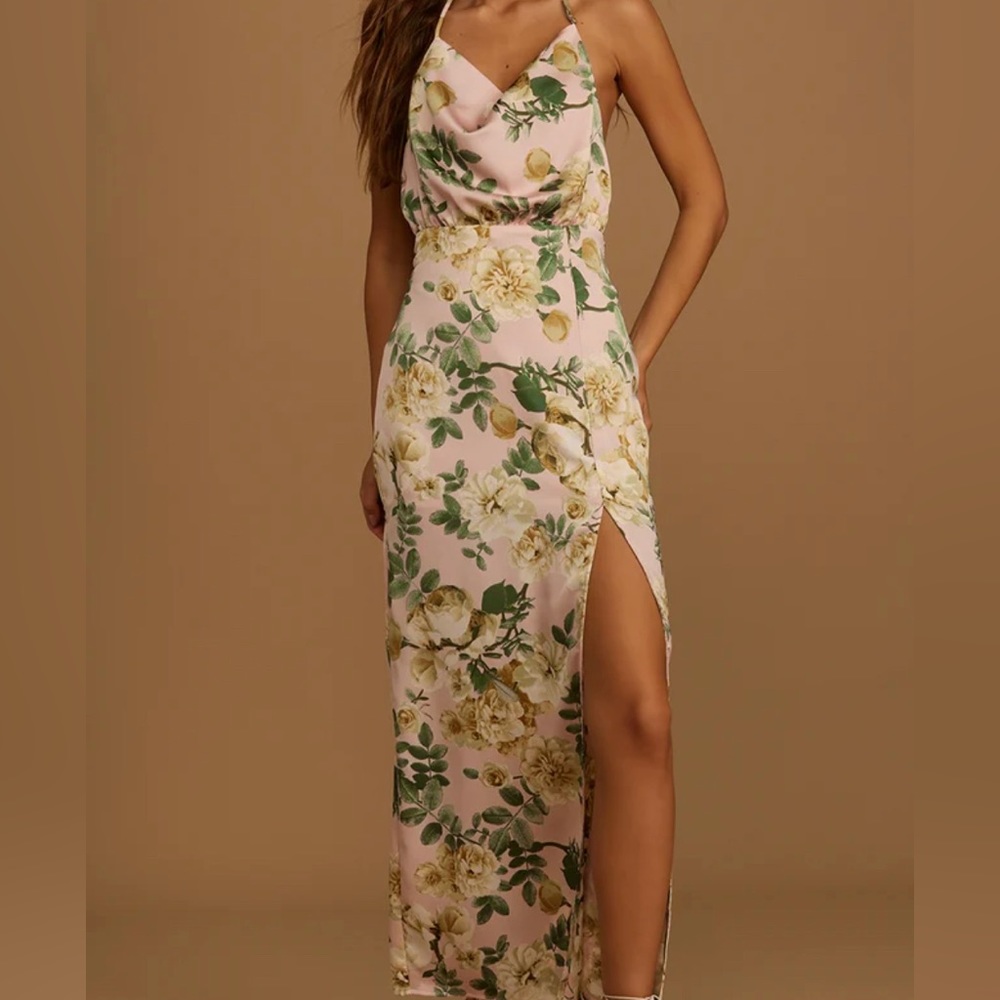 LULUS- Its Fate Pink Floral Print Satin Sleeveless Halter Maxi Dress